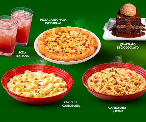 Pizza Carbonara individual, Soda Italiana, Quadrato di Cioccolato, Gnocchi Carbonara e Carbonara di Roma